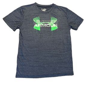 Under Armour Youth YXL Blue Heather Green White Logo Loose Heatgear T-shirt